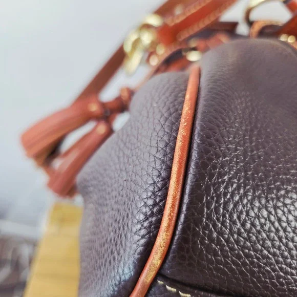 Dooney & Bourke Pebbled Leather Satchel Brown Ginger Braided Handle Tassel Bag - Picture 7 of 16